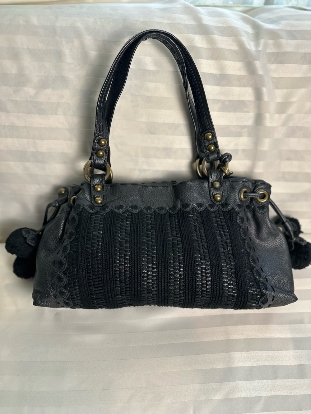 Isabella Fiore Black Leather Knit Pom Pom Boho Shoulder Bag